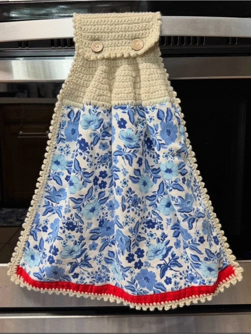 Pioneer Woman Handmade Crochet Hanging Kitchen Towel Blue Floral